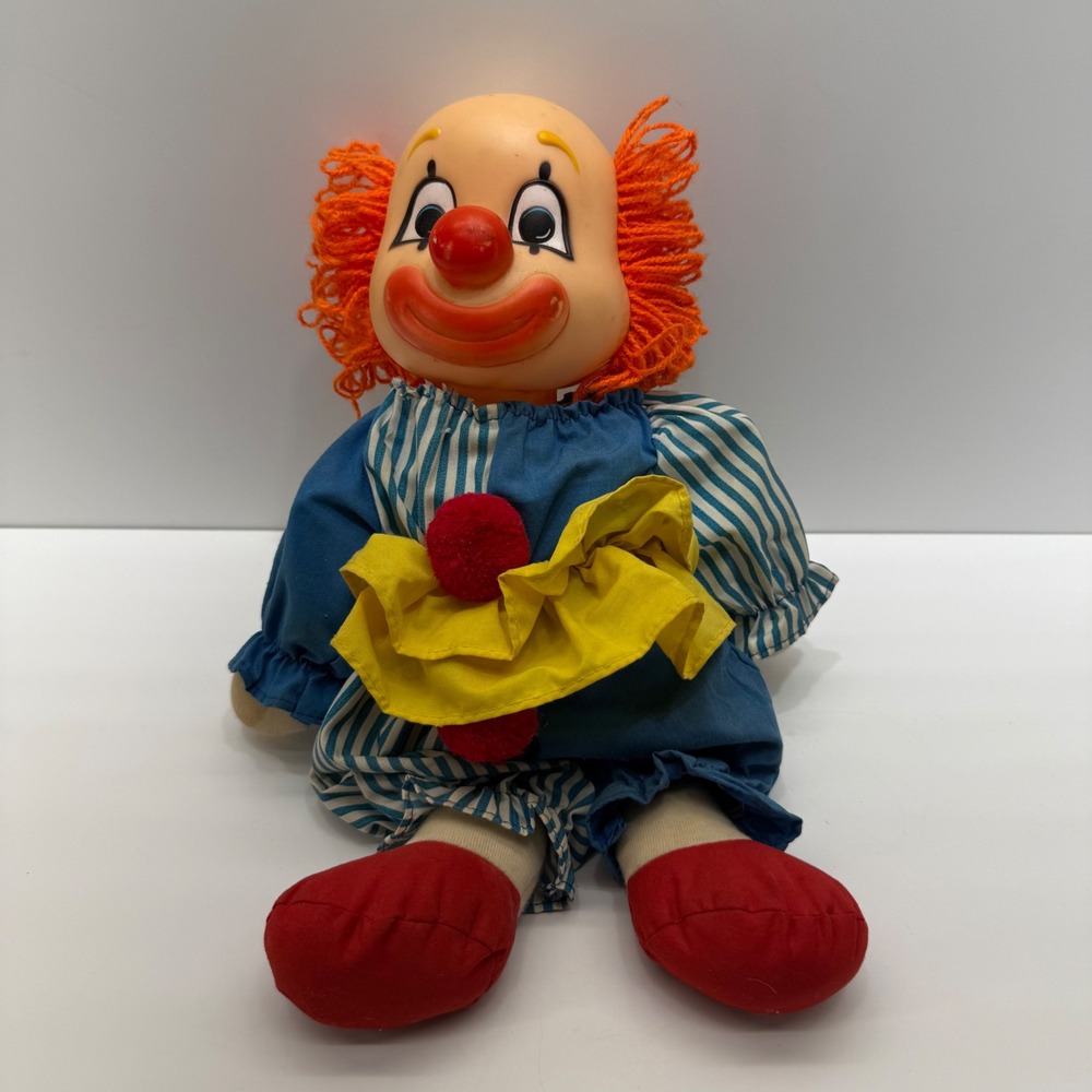 Vintage Reversible Happy Sad Clown Doll Plush Blue White Stripe Circus Toy 10in